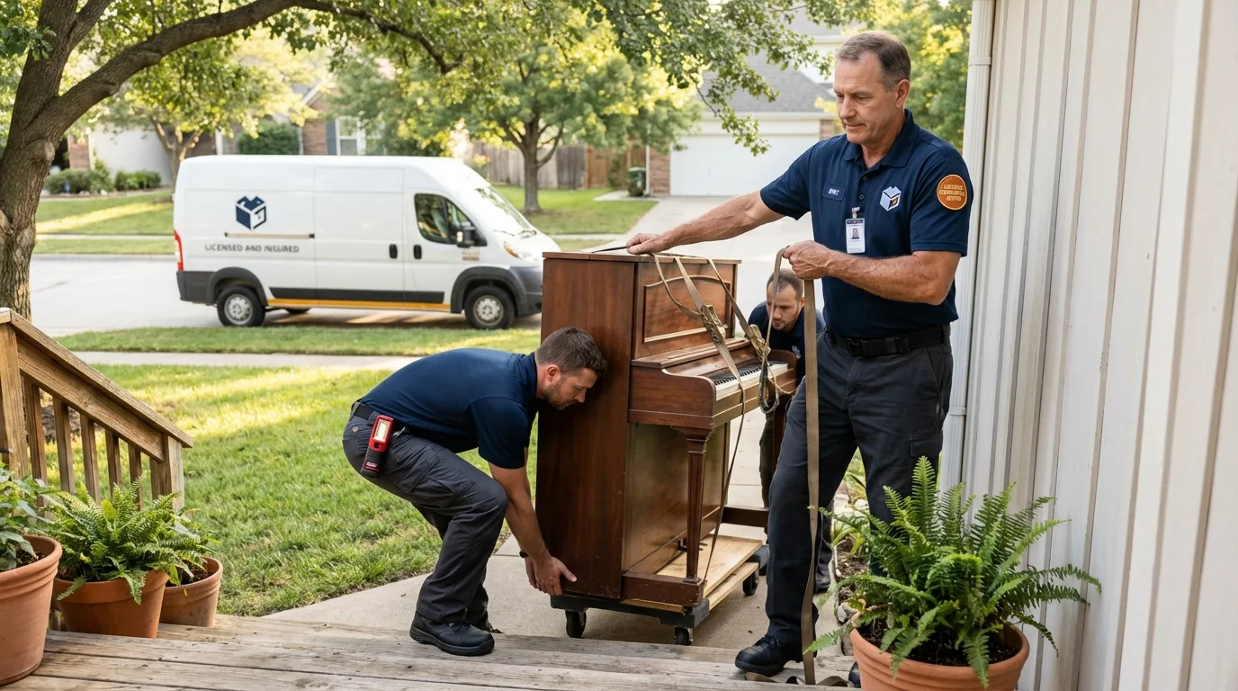 Licensed piano movers securing grand piano in Trabuco Canyon, CA