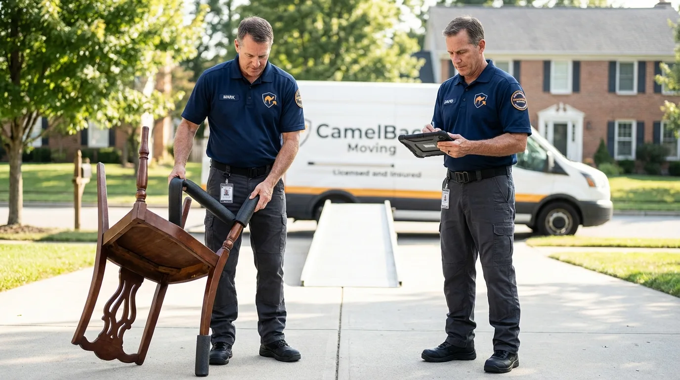 Movers inspecting furniture for damage prevention before loading in Trabuco Canyon, CA