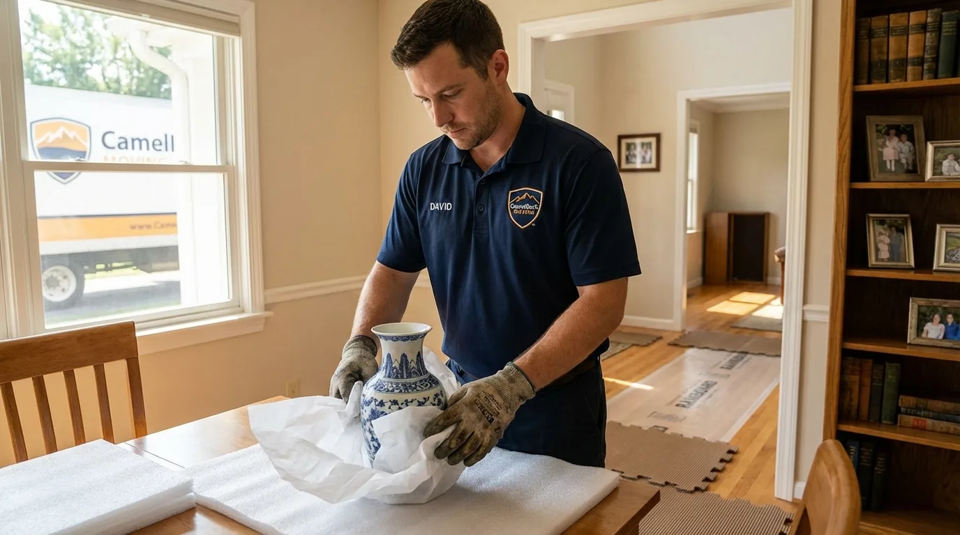 Professional crew carefully wrapping antique vase for senior downsizing move in Trabuco Canyon, CA